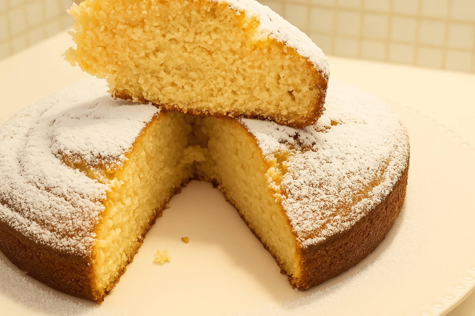Una torta rotonda soffice e dorata è adagiata su un piatto chiaro. È spolverata con zucchero a velo e ha una fetta tagliata, sollevata in alto per mostrare l’interno morbido e umido. Sullo sfondo, una piastrella chiara aggiunge un tocco casalingo alla scena, illuminata da luce calda.