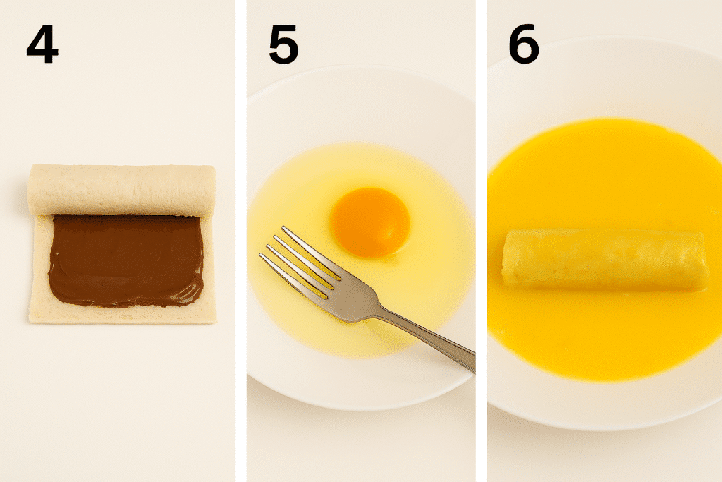 4Arrotolate le fette di pancarrè5Una volta pronti i sei rotolini, sbattete in un piatto un uovo con un cucchiaio di latte6Passate i rotolini nell'uovo sbattuto, rigirandoli