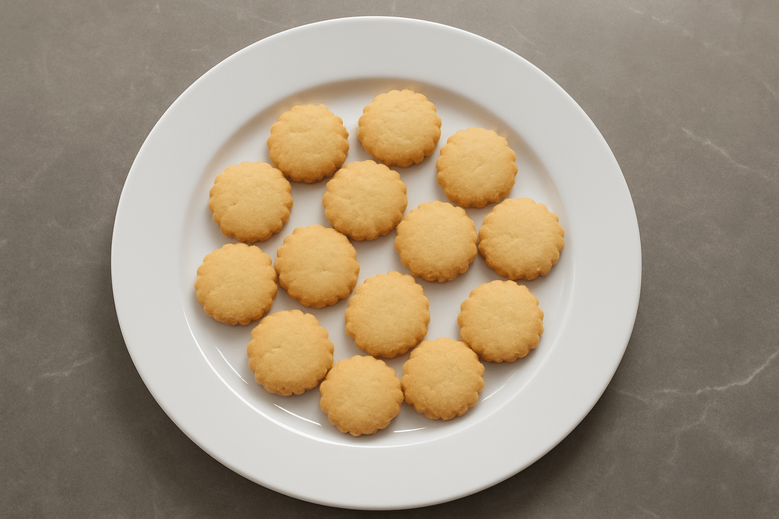 4. Taglio dei biscotti: Con l'impasto steso su una superficie infarinata, si usano stampini rotondi a bordo ondulato per ritagliare i biscotti. I cerchi vengono poi disposti delicatamente nel cestello della friggitrice ad aria. 5. Preparazione al completamento: Altri biscotti vengono tagliati e sistemati sul piano di lavoro mentre i primi iniziano a cuocere. Si vede già un piatto con i primi biscotti dorati pronti per essere serviti. 6. Biscotti pronti: I biscotti appena sfornati sono dorati e fragranti, serviti su un piatto bianco. Sono pronti per essere gustati!