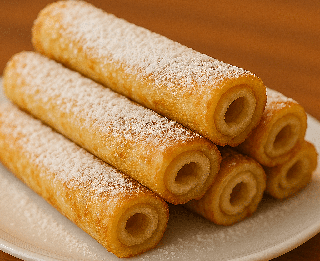 Rotolini alla Nutella dorati e spolverati di zucchero a velo, serviti su un piatto bianco per colazione o merenda.