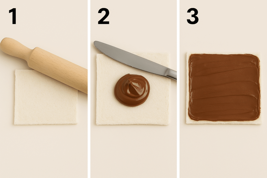 Passaggio 1: Una fetta di pane bianco viene appiattita con un mattarello.
Passaggio 2: Viene aggiunta una generosa quantità di crema al cioccolato sopra la fetta appiattita, insieme a un coltello per spalmarla.
Passaggio 3: La crema è stata uniformemente spalmata su tutta la superficie del pane.